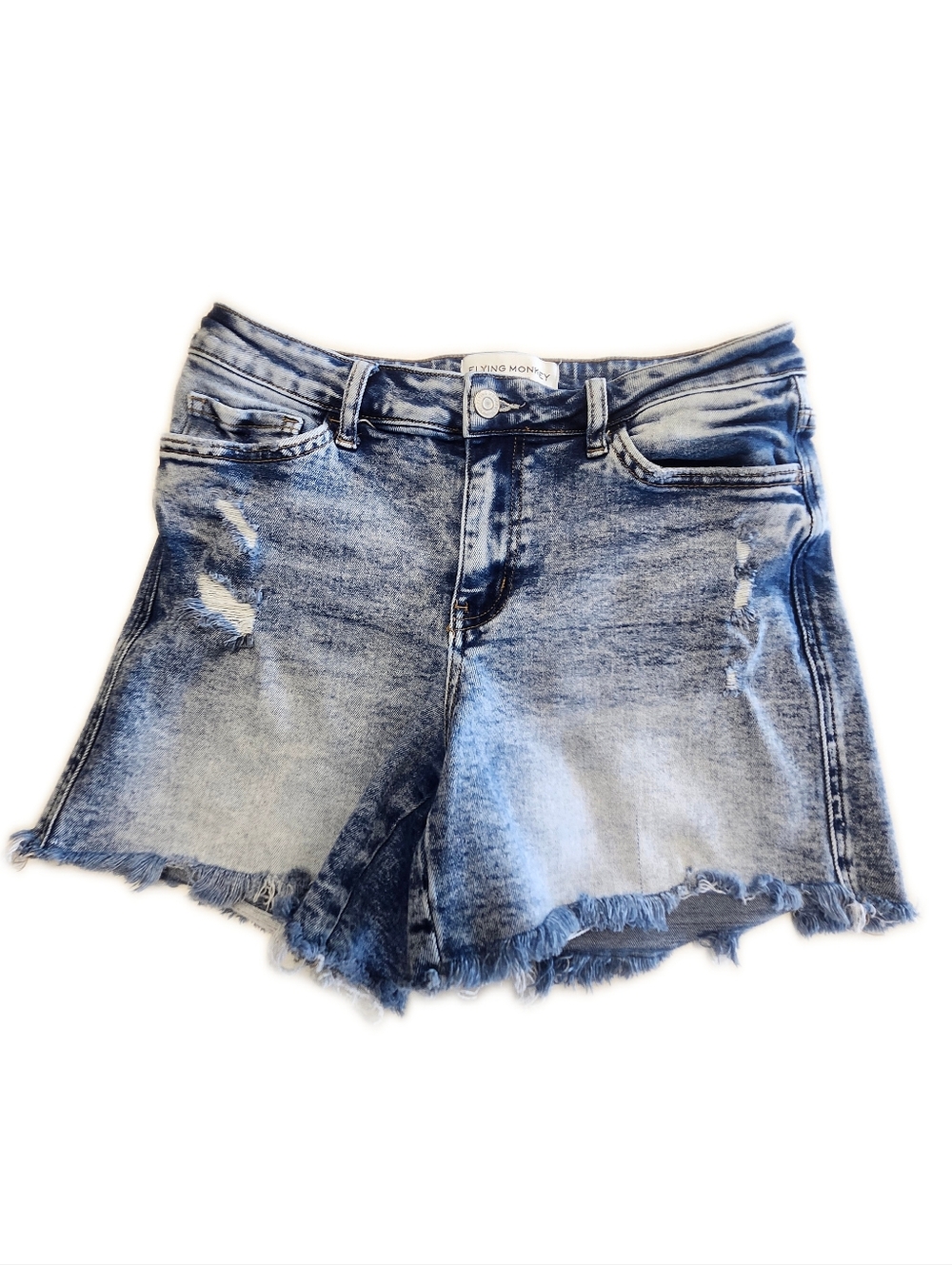 Flying Monkey Mid Rise Acid Washed Distressed Cut Off Denim Shorts, 29